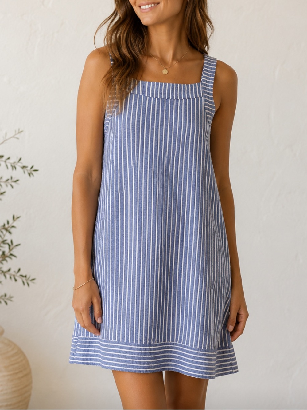 For Cynthia Linen Blend Blue and White Striped Square-Neck Sundress